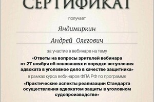 Диплом / сертификат №9 — Яндимиркин Андрей Олегович