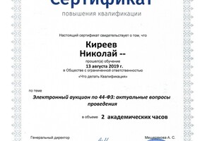 Сертификат о повышении квалификации - Электронный аукцион по 44-ФЗ: актуальные вопросы проведения — Киреев Николай Александрович