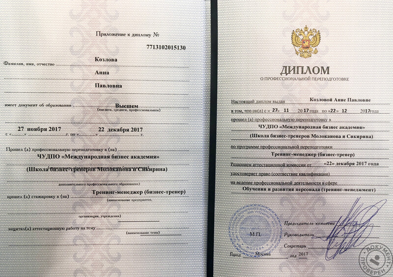 Козлова Анна Павловна (Бизнес-тренер. Москва): Диплом о профессиональной переподготовке