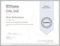 Wharton school, University of Pennsylvania, курсы повышения квалификации Introduction to Speadsheets and Models 2021 г. — Вербовская Алина Вячеславовна