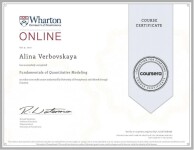 Wharton school, University of Pennsylvania, курсы повышения квалификации Fundamentals of Quantitative Modeling 2021 г. — Вербовская Алина Вячеславовна