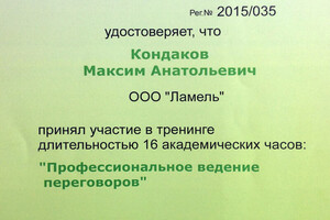 Свидетельство об участии в тренинге — Кондаков Максим Анатольевич