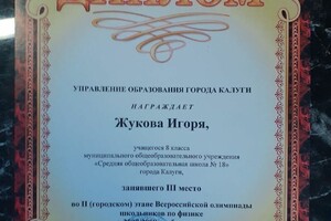 Диплом за 3е место в городской олимпиаде по физике — Жуков Игорь Сергеевич