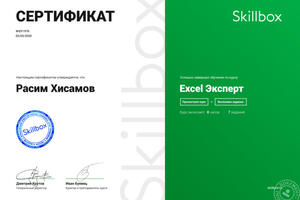 После самостоятельного изучения MS Excel прошёл курс от Skillbox — Хисамов Расим Рамилевич