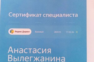 Сертификат специалиста Яндекс Директ — Вылегжанина Анастасия Валерьевна