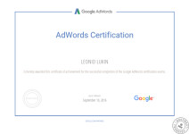 Свидетельство Сертифицированного Специалиста Google AdWords — Лукин Леонид Валерьевич