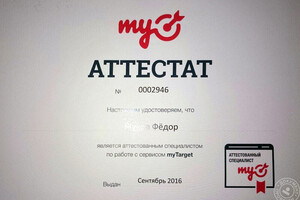 Аттестат специалиста по работе с сервисом myTarget — Жуков Фёдор Андреевич