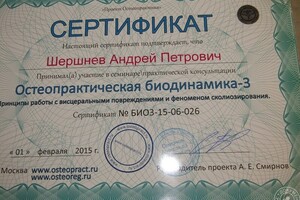 сертификат Принципы работы с висцеральными повреждениями и феноменом сколиозирования. — Шершнев Андрей Петрович