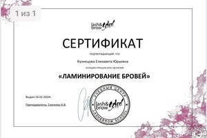 Диплом по ламинированию бровей — Кузнецова Елизавета Юрьевна