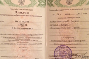 Диплом о начальном профессиональном образовании — Персиков Никита Владимирович