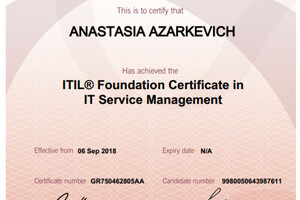 Cертификат ITIL Foundation — Азаркевич Анастасия Викторовна