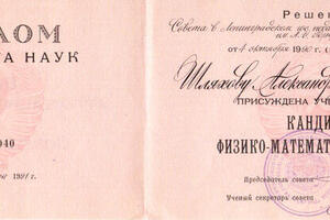 Диплом кандидата физико-математических наук (1991 г.) — Шляхов Александр Тимофеевич