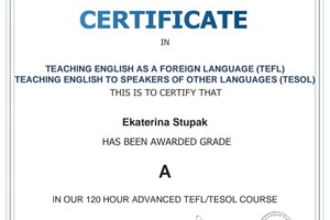 Международный сертификат о прохождении курса TEFL TESOL — Ступак Екатерина Васильевна