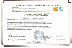 Сертификаты об окончании обучения по Гештальту и Эмоционально-Образной Терапии (ЭОТ) — Яланецкий Сергей Анатольевич