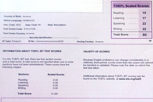 Сертификат TOEFL — Арутюнян Артур Арменович