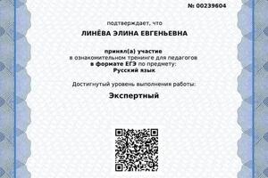 Свидетельство подтверждает экспертный уровень знаний по русскому языку — Линёва Элина Евгеньевна