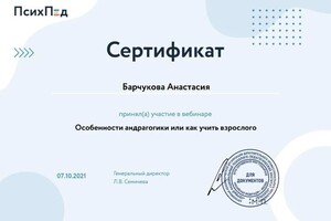 Диплом / сертификат №1 — Барчукова Анастасия Юрьевна