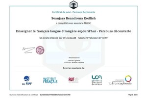 Сертификат о преподавании (FLE) — Soanjara Beandrona Rodlish