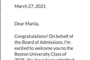 Letter of acceptance to Boston University — Боброва Мария Дмитриевна