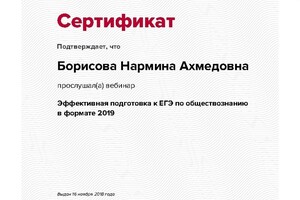 Сертификат участника вебинара — Борисова Нармина Ахмедовна