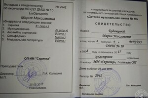 Диплом об окончании муз.школы по классу \