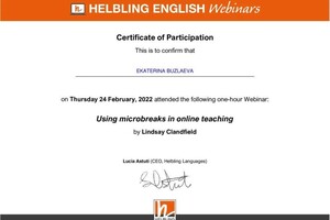 24.02.2022 Сертификат Helbling Languages, Using microbreaks in online teaching, The UK — Бузлаева Екатерина Анатольевна