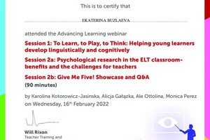 16.02.2022 Сертификат Macmillan, To Learn, to Play, to Think Helping young learners develop linguistically and... — Бузлаева Екатерина Анатольевна