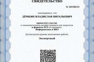 Диплом / сертификат №3 — Дёмкин Владислав Витальевич