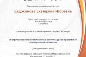 Вебинар на тему: Инструменты вовлечения учеников в работу на уроке и развития их познавательной активности — Евдокимова Екатерина Игоревна