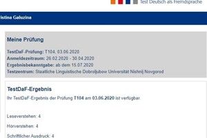 Сертификат, подтверждающий успешную сдачу экзамена по немецкому языку - Test DaF — Галузина Кристина Константиновна