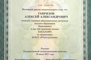 Диплом бакалавра юриспруденции МГУ им. М. В. Ломоносова — Гаврилов Алексей Александрович