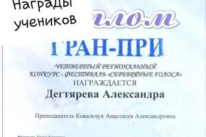 Диплом моей ученицы со степенью ГРАН ПРИ — Ковальчук Анастасия Александровна