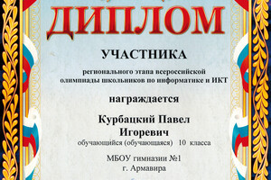 Диплом участника регионального этапа Всероссийской олимпиады школьников — Курбацкий Павел Игоревич