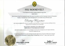 Far Eastern University Roosevelt, Philippines. Diplome in teaching education (диплом учителя). 2021 — Кузнецов Дмитрий Геннадьевич