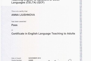 Certificate in teaching English to speakers of other languages — Liushnova Anna