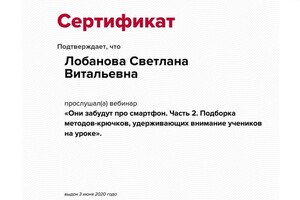 Сертификат об участии в вебинаре от Тренингового центра PROFI.RU — Лобанова Светлана Витальевна