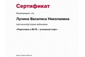 Сертификат участника вебинара — Лучина Василиса Николаевна