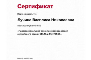 Сертификат участника вебинара — Лучина Василиса Николаевна