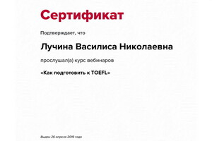 Сертификат участника вебинара — Лучина Василиса Николаевна