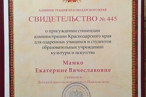 Свидетельство о присуждении стипендии — Марченко Екатерина Вячеславовна