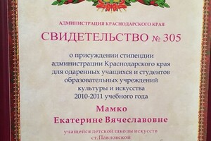 Свидетельство о присуждении стипендии — Марченко Екатерина Вячеславовна