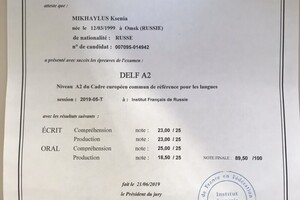 Диплом об успешном прохождении экзамена DELF уровня А2 — Михайлусь Ксения Игоревна