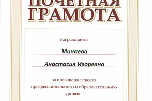 Грамота от ректора МГЮУ им. О.Е. Кутафина — Минаева Анастасия Игоревна