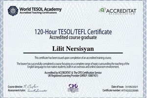 Сертификат World TESOL Academy — Нерсисян Лилит Гагиковна