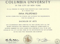 Columbia University Degree (Bachelor of Arts); Graduation Date: October 17, 2018 — Пилипенко Инна Ивановна