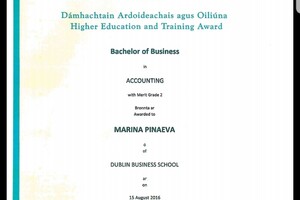 Ordinary Bachelor Degree of Business in Accounting (Dublin, Ireland); Диплом Бакалавра в Бизнесе и Бухгалтерской сфере,... — Пинаева Марина Юрьевна