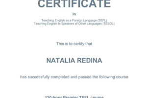 Сертификат о прохождении курса Premier TEFL course — Редина Наталья Александровна