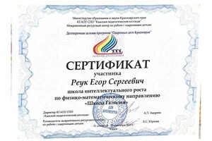 Диплом / сертификат №10 — Реук Егор Сергеевич