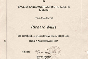 CELTA teaching diploma, Leeds, 1997. Диплом с правом преподавания английского языка. — Willis Richard John