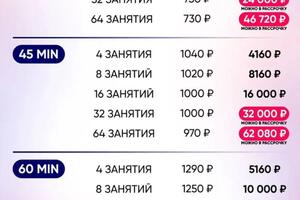 Прайс-лист на занятия длительностью 30-45-60 минут. Чем больше пакет, тем меньше стоимость 1 занятия — Ришатович Шангареев Альберт